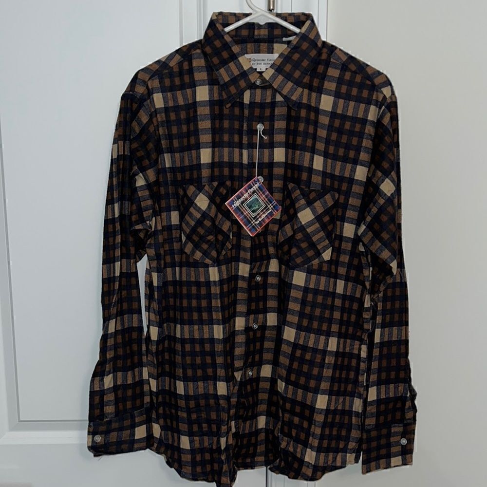 Vintage New Retro 70’s Bud Berma Highlander Flannel black brown tan plaid Shirt